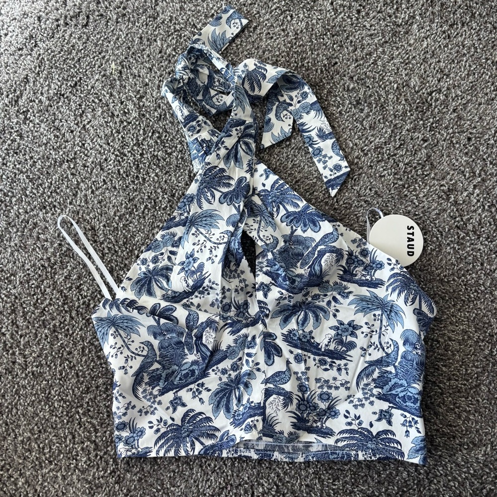 Staud Blue & White Crossover Halter Top
